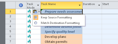 Click the option indicator to specify whether you want to keep the formatting from the data in Excel or apply the formatting defined in Project 2010.