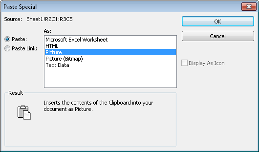 Use the As box in the Paste Special dialog box to specify that you want to insert the Excel information as a picture.