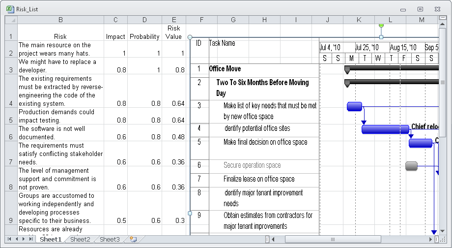 The copied picture of your Project 2010 view appears at the position you select in Excel.