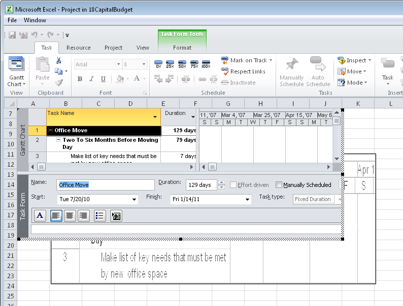 When you double-click an embedded Microsoft Project object, the Excel ribbon and tabs change to those of Project 2010.