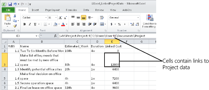 When you link Project 2010 data to Excel cells, the cells contain links to fields in Microsoft Project.