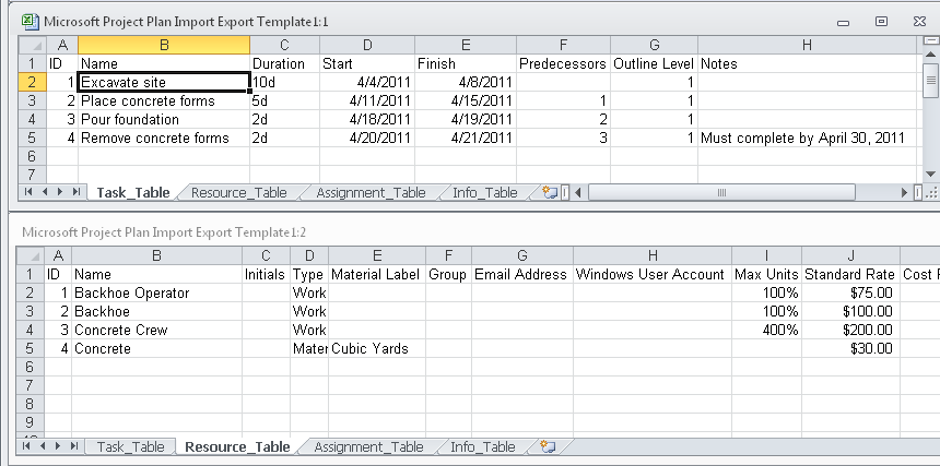 Use the Microsoft Project Plan Import Export Template to develop task, resource, and assignment information in Excel.