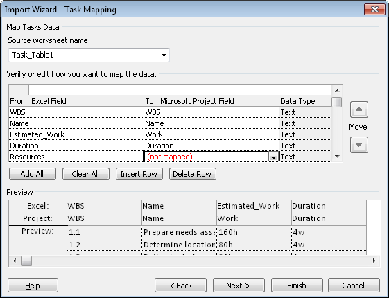 Use the Mapping page to match columns in an Excel worksheet with the corresponding Project 2010 fields.