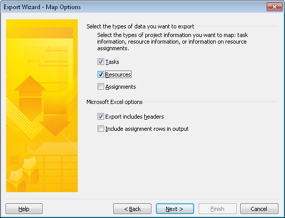 In the Export Wizard, select the type of data you’re exporting to Excel.