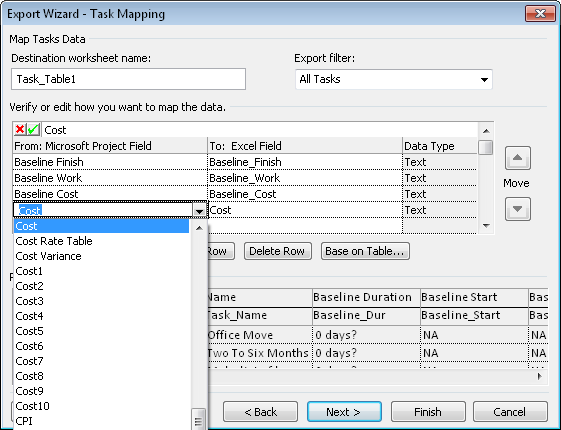 On the Mapping page, select the specific fields you want to export.