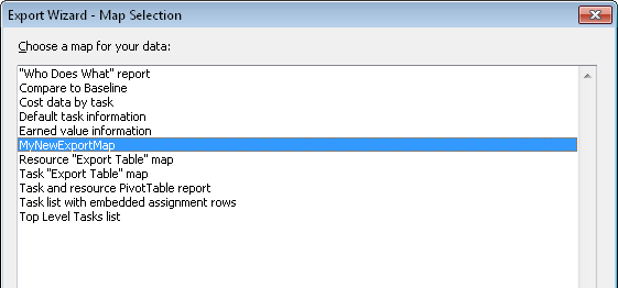 The Export Wizard—Map Selection page lists built-in export maps as well as any export maps you have previously saved.