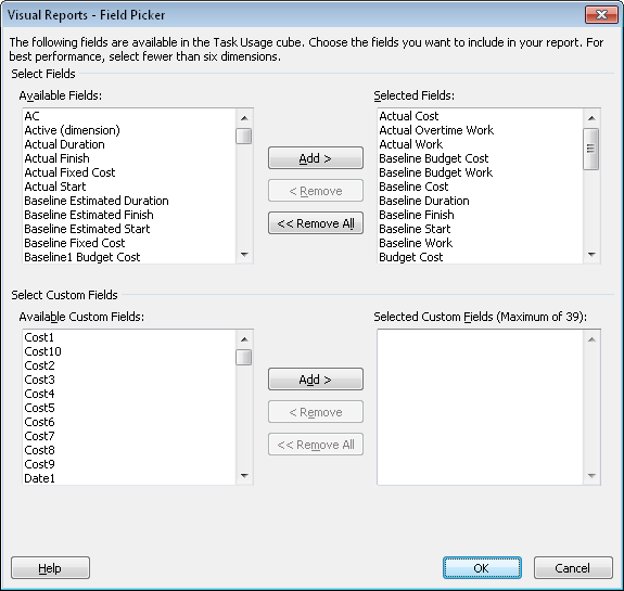 You can specify the Project 2010 fields to include in the data cube for a visual report.