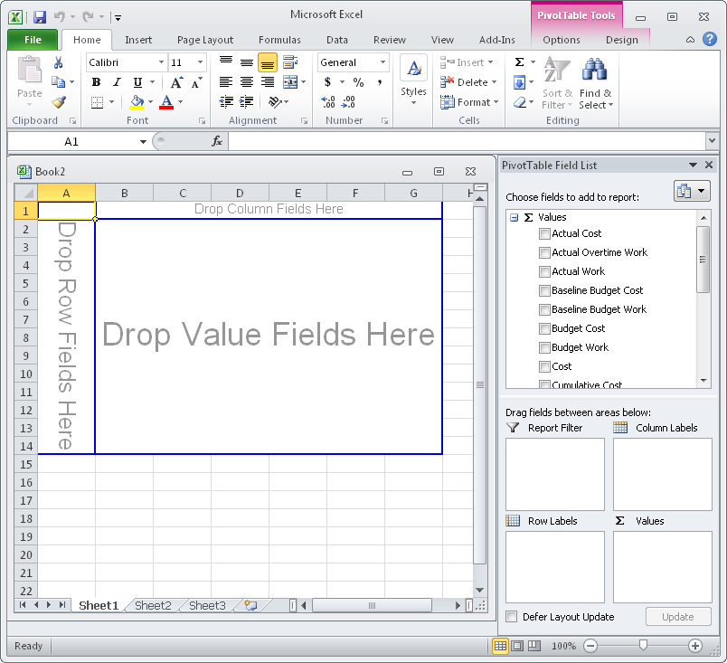 Drag fields onto the PivotTable or into the PivotTable configuration boxes to build your report.