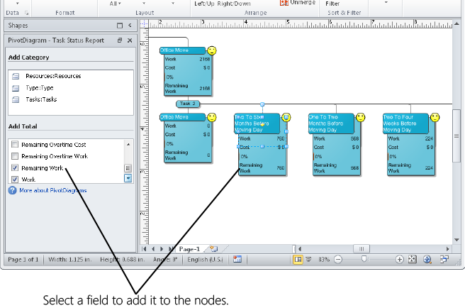 To display a field total in the diagram nodes, select the check box for the field in the Add Total section of the PivotDiagram task pane.