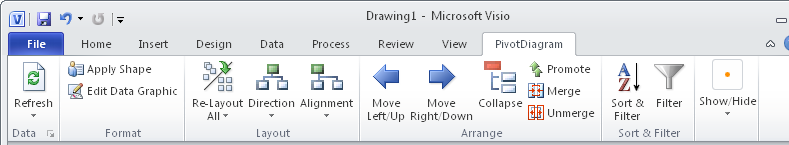 The PivotDiagram tab includes commands for fine-tuning the nodes in a PivotDiagram.