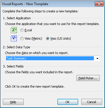 When you create a new visual report template, you must specify the application to use, the type of data, and the fields you want to transfer.