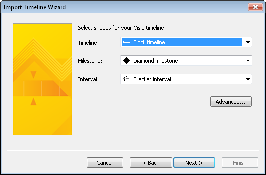 In the Import Timeline Wizard, you can choose the Visio shapes to use for the overall schedule, summary tasks, and milestones.