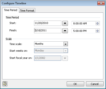 The Configure Timeline dialog box contains controls for specifying the start and finish dates and time intervals for a timeline.