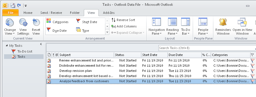 Use the Set Reminder command in Project 2010 to add project tasks and some associated data to Outlook.