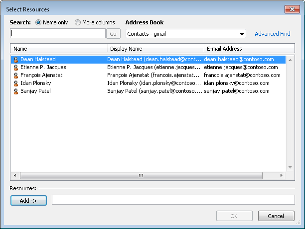 Use the Select Resources dialog box to select resources from your e-mail address book.