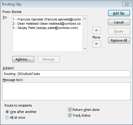 Complete the Routing Slip dialog box to send the project file to multiple recipients.