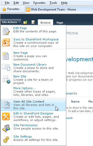 Click Site Actions, View All Site Content to start creating a project tasks list in SharePoint.