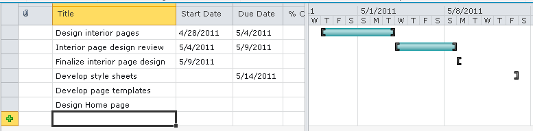 As you enter task information into the table, the Gantt area starts to fill in.