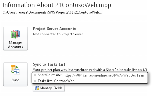 Click the SharePoint link on the Information Backstage view to open the connected SharePoint site.