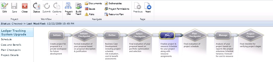 New in Project Web App is the ability to enforce the phases and stages in a project life cycle.