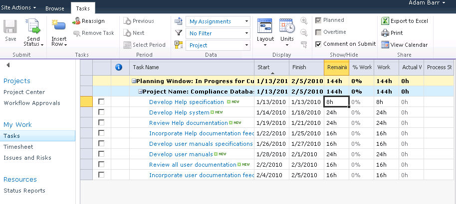 Team members can update their progress on tasks using the Tasks page.