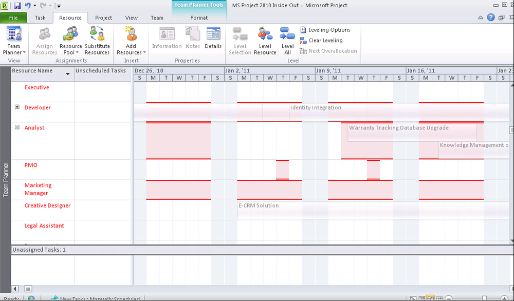 Use Project Professional to see details about overallocated resources.