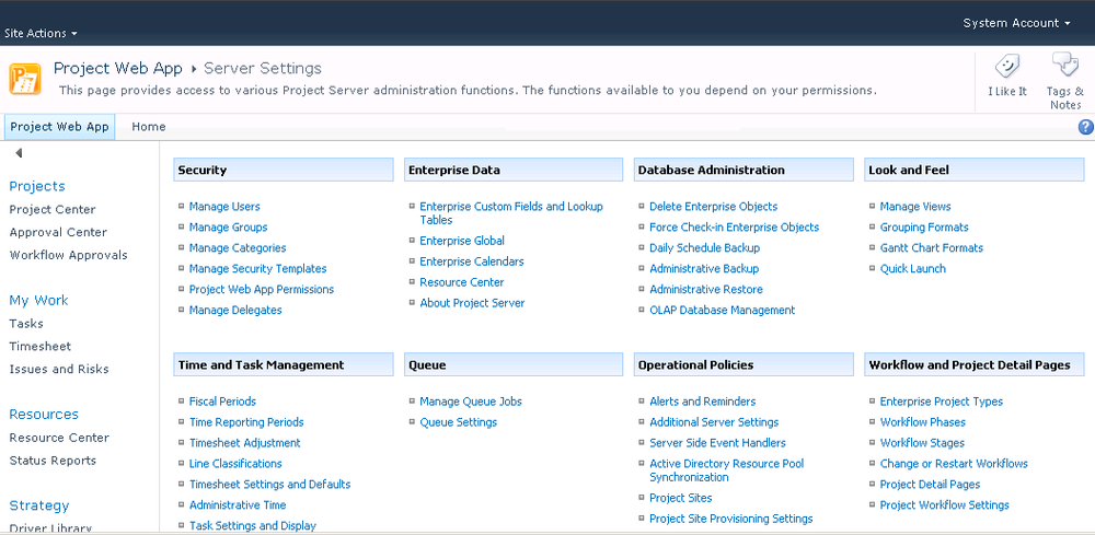 Set up enterprise project management options on the Server Settings page in Project Web App.