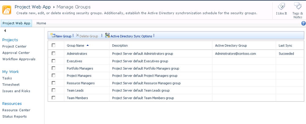 Use the Manage Groups page to review, modify, add, or delete groups (roles).