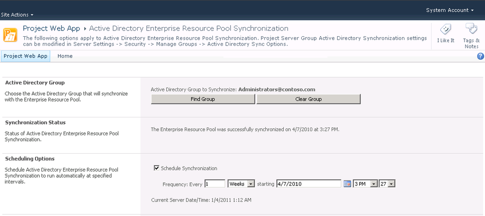 Set scheduling and resource options to synchronize an Active Directory group with your enterprise resource pool.