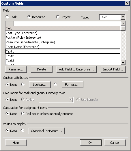 Use the Custom Fields dialog box to define custom enterprise fields.