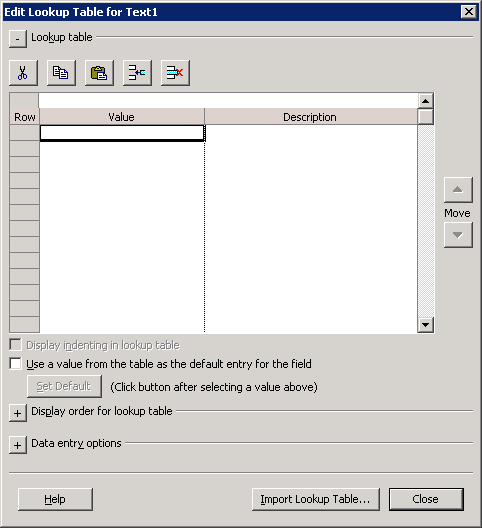 Use the Edit Lookup Table dialog box to define the items that should appear in a custom field’s drop-down list.