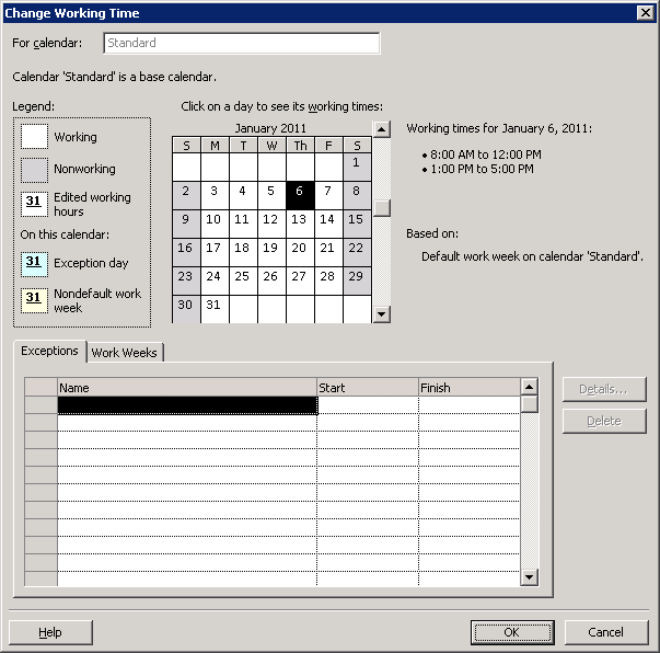 Use the Change Working Time dialog box to edit the enterprise calendar.