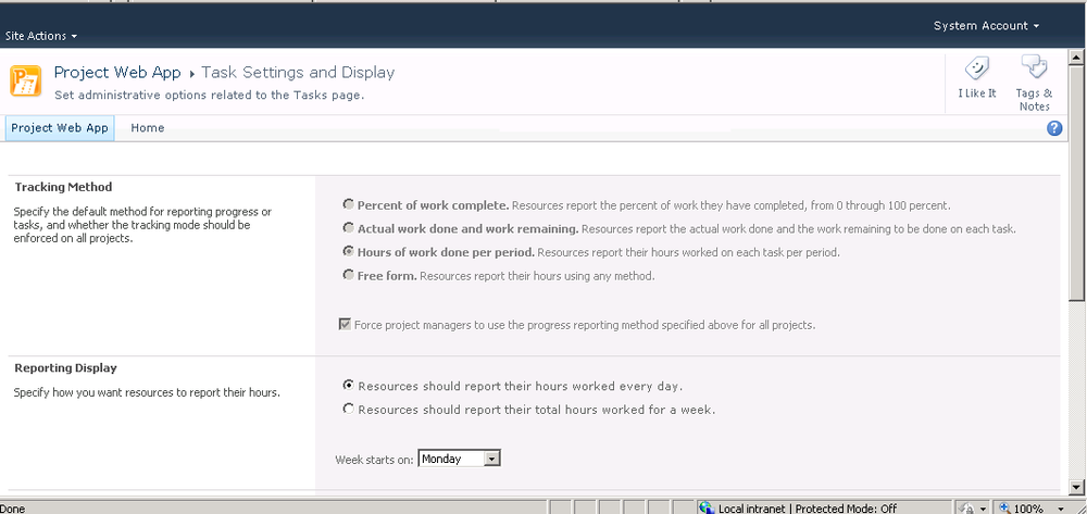 Use the Task Settings And Display page to set the default work-tracking method for the team member task progress page.