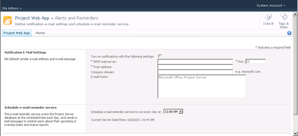 Use the Alerts And Reminders page to send e-mail reminders to users about their assignments and status reports.