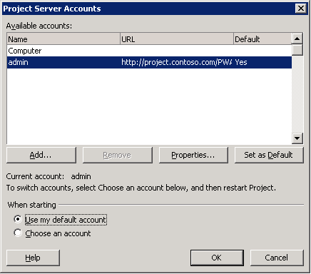 If you select Use My Default Account, the system automatically connects to your default account whenever you open Project Professional.