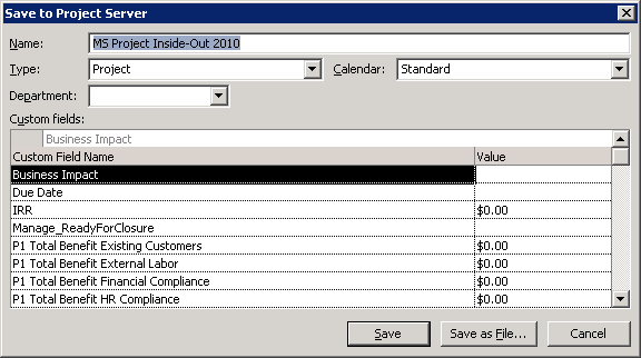 When you save a new file while connected to the project server, the Save To Project Server dialog box appears.