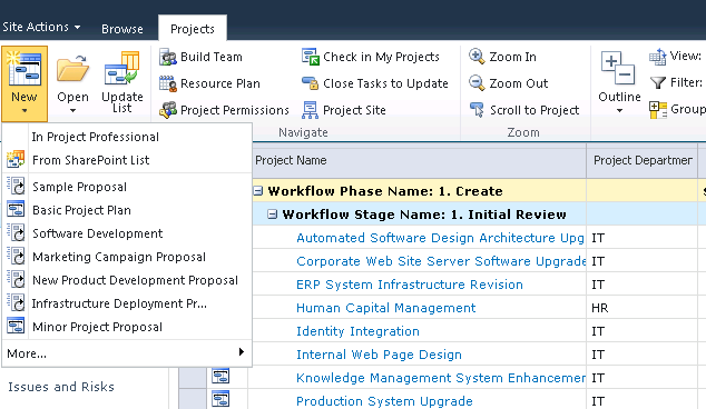 Select the project template from the New drop-down menu on the Projects tab.