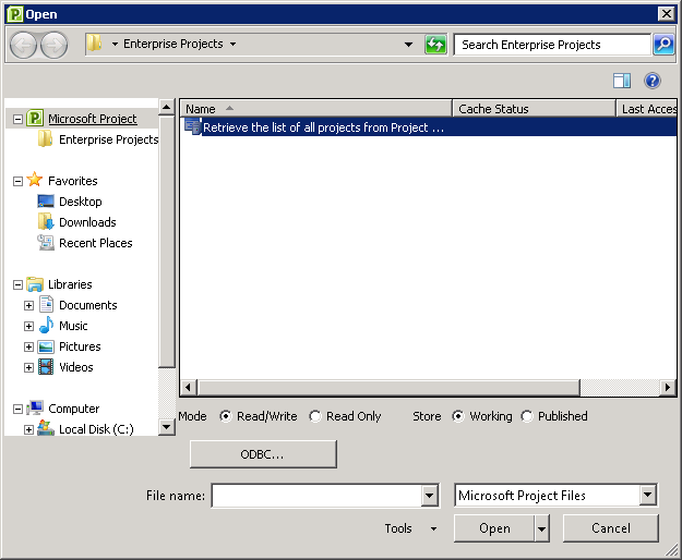 The Open dialog box presents a list of recently accessed projects and the option to retrieve the full list of projects from the project server.