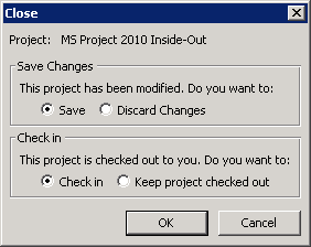 Select the Save option to save the changes to your project, and select the Check In option to release the editing rights on the project and check in the project with your most recent changes.