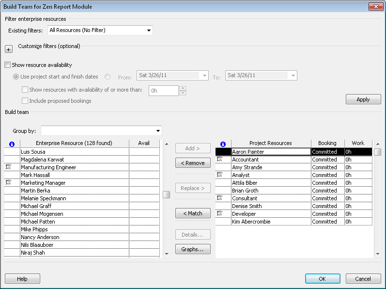 Use the Build Team dialog box in Project Professional to add enterprise resources to your project.