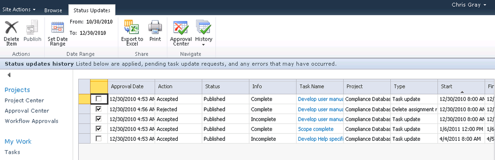 Use the Status Updates History page to select and publish the updates to the project server.