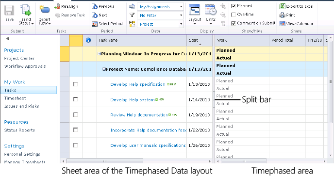 Double-click in the cell in which you want to update information. If you’re working in the Timephased Data or Gantt Chart layout, you can drag the split bar to see the columns you need.