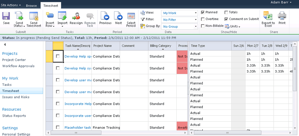 When you open your timesheet, you can report the status of the current tasks, independent of project and nonbillable time like vacation, sick leave, and so on.