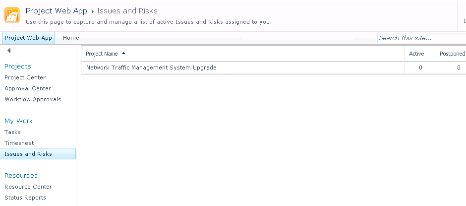 Use the Issues And Risks page to review issues and risks that are assigned to you for resolution or monitoring.