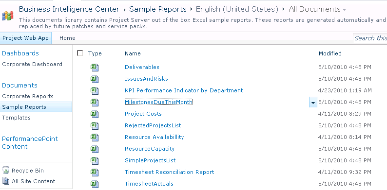 The Sample Reports library displays the predefined reports that are installed with Project Web App. You can customize these reports to your needs.