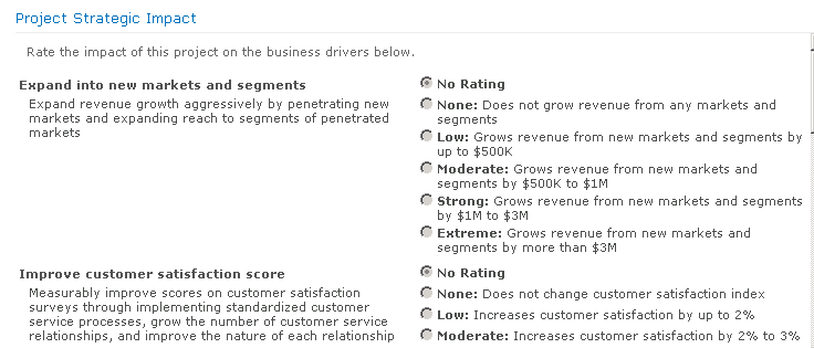 Upon initiating a new project, a project manager must work through the Project Strategic Impact pages to indicate how well the proposed project meets the requirements of the business drivers.