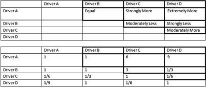 Each of the analytical comparison results is allocated a number within the matrix.