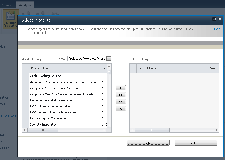 Use the Select Projects dialog box to specify which projects stored in your project server should be included in the portfolio analysis.