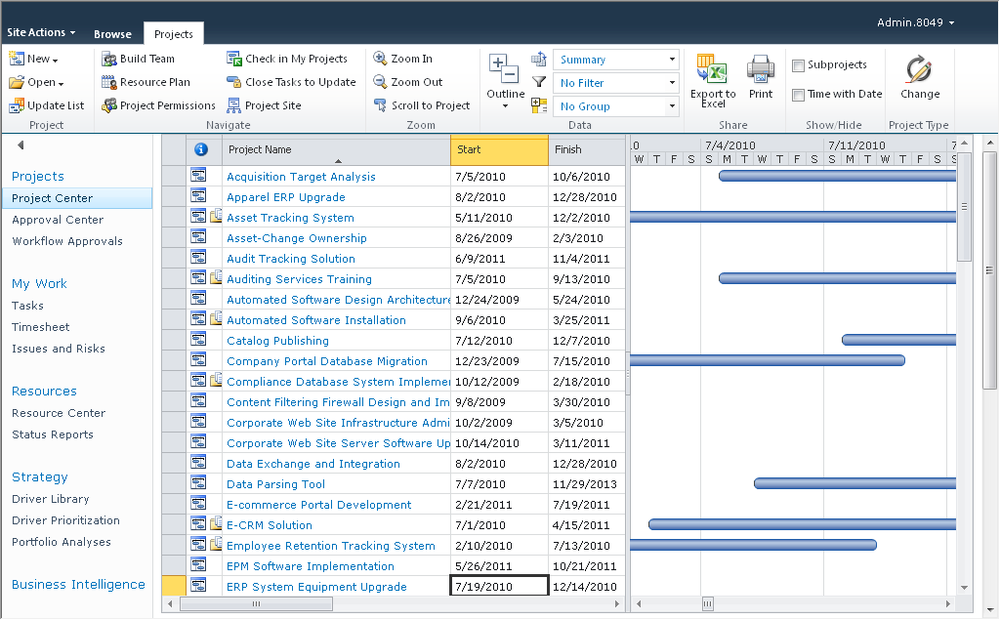 The Project Center appears as a Gantt chart listing all your enterprise projects.