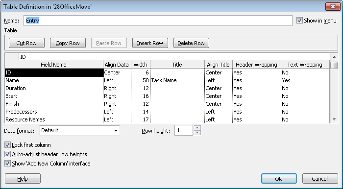 Use the Table Definition dialog box to customize the columns for a table.